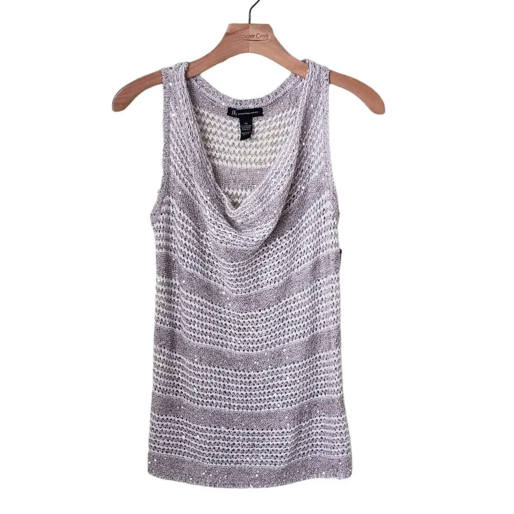 INC International Concepts Sequin Sleeveless Knit Cowl Neck Top XS  Metallic
